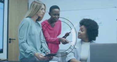 Animation of financial data processing over diverse business people. Global business, finances, computing and data processing concept digitally generated video.