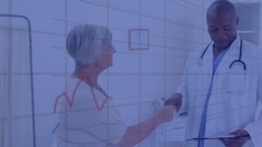 Animation of data processing over male doctor with female patient. Global medicine, healthcare, business, finances, computing and data processing concept digitally generated video.