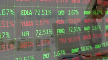 Animation of financial data processing over caucasian businesswoman in office. Global business, finances, computing and data processing concept digitally generated video.