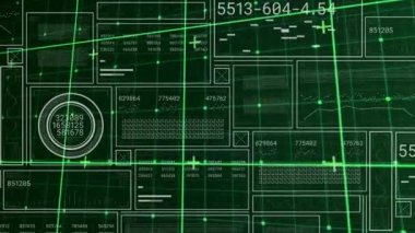 Animation of numbers in circles and rectangle, graph, bars, grid pattern against abstract pattern. Digitally generated, hologram, symbols, three dimensional, shape, illuminated and technology concept.
