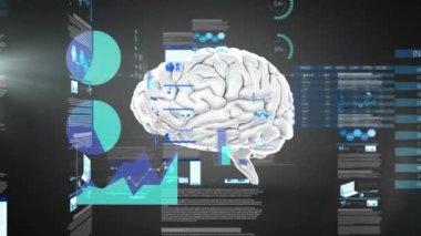Animation of data processing over spinning human brain icon against black background. Medical research technology concept