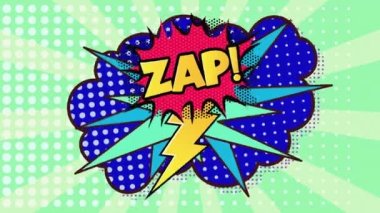 Animation of zap text over a retro speech bubble against dots row pattern on green background. Comic and expression concept