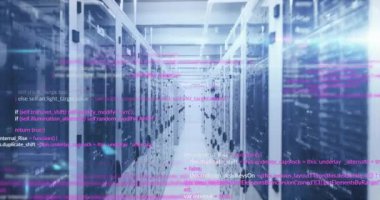 Animation of data processing against mosaic squares over computer server room. Computer interface and business data storage technology concept