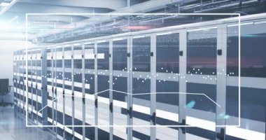 Animation of statistical data processing against light trails over computer server room. Global networking and business data storage technology concept