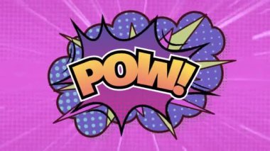 Animation of pow text over a retro speech bubble against light trails on purple background. Comic and expression concept