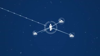 Animation of white particles falling over network of digital icons against blue background. Global networking and business technology concept