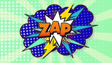 Animation of zap text over a retro speech bubble against dots row pattern on green background. Comic and expression concept