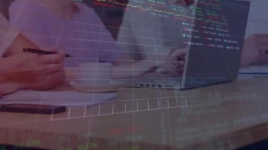 Animation of stock market data processing over diverse colleagues working at office. Global economy and business technology concept