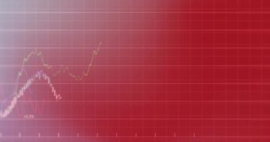 Animation of financial processing against red and pink gradient background. Global finance and business technology concept