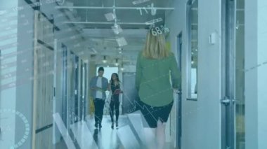 Animation of infographic interface over asian coworkers sharing ideas while walking in corridor. Digital composite, multiple exposure, report, business, global, office, teamwork concept.