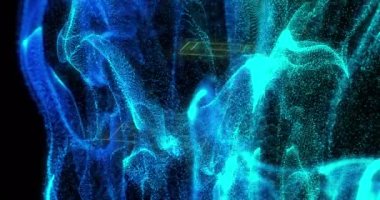 Animation of glowing blue digital wave over neon rugby pitch layout against black background. Sports technology concept