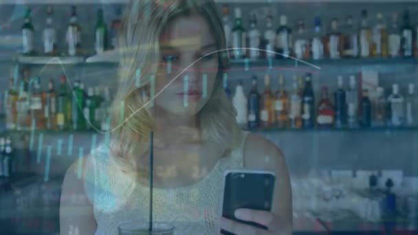 Animation Data Processing Caucasian Woman Holding Drink Using Smartphone Bar — Vídeo de Stock