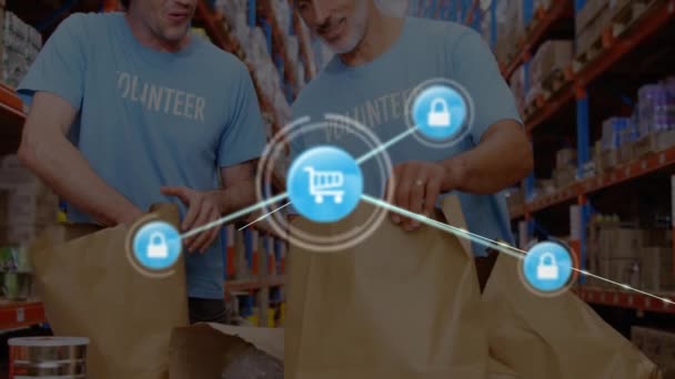 Animation Connected Icons Smiling Caucasian Male Volunteers Packages Giving High — Vídeo de Stock