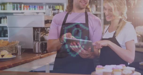 Animation Security Padlock Icon Caucasian Waiter Waitress Using Digital Tablet — Wideo stockowe