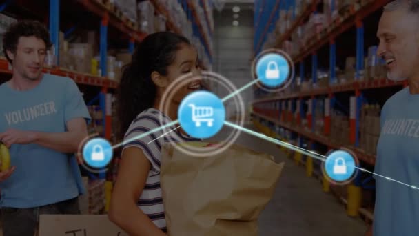 Animation Icons Connecting Lines Diverse Woman Giving Package Man Warehouse — Wideo stockowe