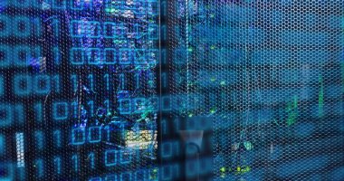 Image of binary code and data over servers. Global network, data processing, digital communication and technology concept digitally generated image.