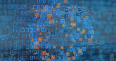 Image of binary code over globe made of icons. Internet, network, data processing, digital security and technology concept digitally generated image.
