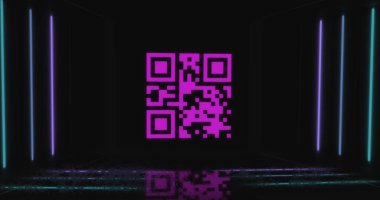 Image of qr code over neon shapes. global technology, computing and digital interface concept digitally generated image.