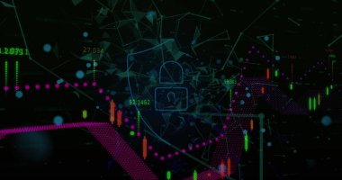 Finansal piyasa veri işlemesine karşı güvenlik asma kilit ikonu. Küresel finans ve siber güvenlik teknolojisi kavramı