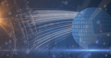 Image of icons floating over globe and binary code. global network, data processing and technology concept digitally generated image.