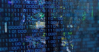 Image of binary code and data over servers. Global network, data processing, digital communication and technology concept digitally generated image.