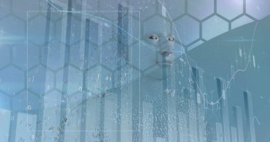 Image of graph, binary code, midsection of digital human, low angle view of sky through window. Digital composite, multiple exposure, report, finance, anatomy, coding and technology concept.