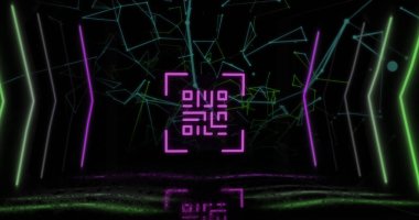 Image of qr code over neon shapes and networks of connections on black background. data processing, computing and digital interface concept digitally generated image.