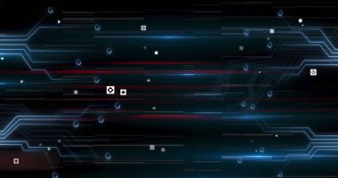 Image of multiple digital icons over computer circuit board on dark background. Global computing and data processing concept digitally generated image.