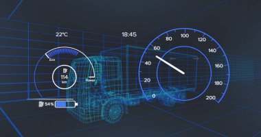 Image of scope scanning and data processing over stock market on black background. Global digital security and identity digital interface and data processing concept digitally generated image.