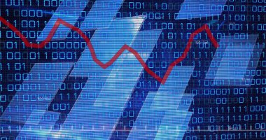 Image of graphs, binary code and navy background. Global finance, economy, data processing, network and technology concept digitally generated image.