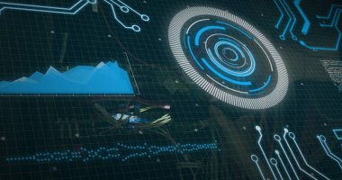 Image of data processing and scopes scanning on screens. Global computing, connections and data processing concept digitally generated image.
