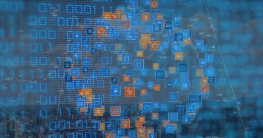 Image of binary code over globe made of icons. Internet, network, data processing, digital security and technology concept digitally generated image.