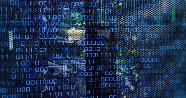 Image of binary code and data over servers. Global network, data processing, digital communication and technology concept digitally generated image.