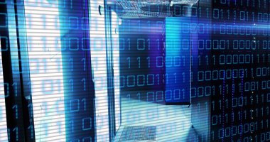 Image of binary code and lights over servers. Global network, data processing, digital communication and technology concept digitally generated image.