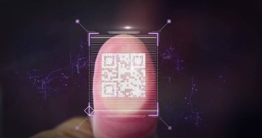Composition of qr code over finger on black background. Global technology, computing and digital interface concept digitally generated image.