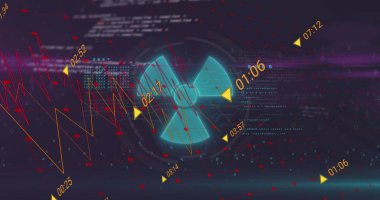 Composition of data processing over symbol on black background. Global technology, computing and digital interface concept digitally generated image.