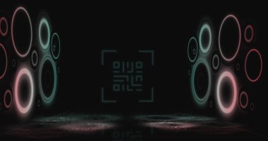 Image of qr code over geometrical shapes. global data processing, technology and connections concept digitally generated image.