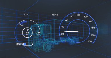 Image of scope scanning and data processing over stock market on black background. Global digital security and identity digital interface and data processing concept digitally generated image.
