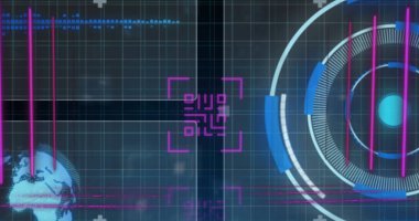 Image of qr code glowing over data processing on screens. Global online identity, computing, connections, data processing and technology concept digitally generated image.