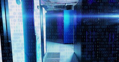 Image of binary code and lights over servers. Global network, data processing, digital communication and technology concept digitally generated image.