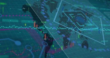 Dünya haritası üzerinde veri işleme resmi. küresel iş, finans, bağlantılar ve dijital arayüz konsepti dijital olarak oluşturulmuş görüntü.