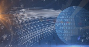 Image of icons floating over globe and binary code. global network, data processing and technology concept digitally generated image.