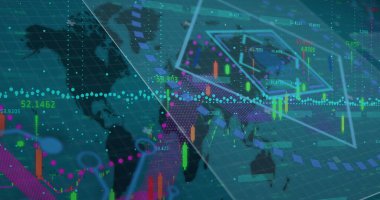 Dünya haritası üzerinde veri işleme resmi. küresel iş, finans, bağlantılar ve dijital arayüz konsepti dijital olarak oluşturulmuş görüntü.