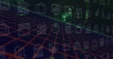 Image of business icons over shapes on black background. global business, finances and digital interface concept digitally generated image.