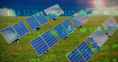 Image of trading board and solar panels on green landscape. Digital composite, multiple exposure, stock market, investment, nature, solar energy, electricity, green technology and sustainability.