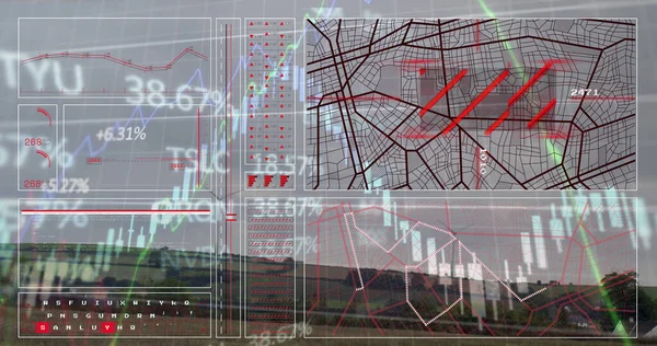 Image of digital interface and stock market data processing against spinning windmills. Global economy and computer interface technology concept