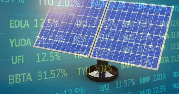 Image of trading board and solar panel on abstract background with lens flare. Digital composite, multiple exposure, stock market, investment, solar energy, electricity, green technology.