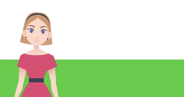 Image of pictogram of woman in pink dress with copy space on white and green background. Business, education and female professional concept digitally generated image.