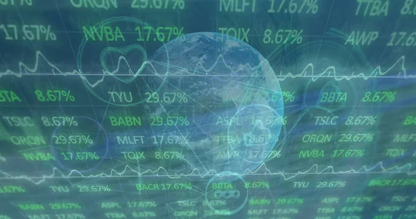 Image of stock market over network of connections and globe on green background cityscape. Global finances, computing and digital interface concept digitally generated image.