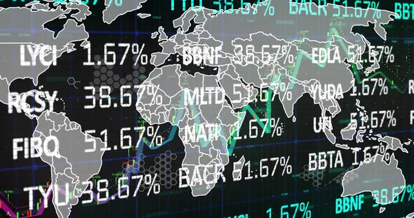 Image of stock market over world map on black background. global finances, data processing and digital interface concept digitally generated image.